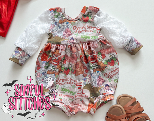 RTS Strawberry Bishop Sleeve Bubble Romper 6/9M